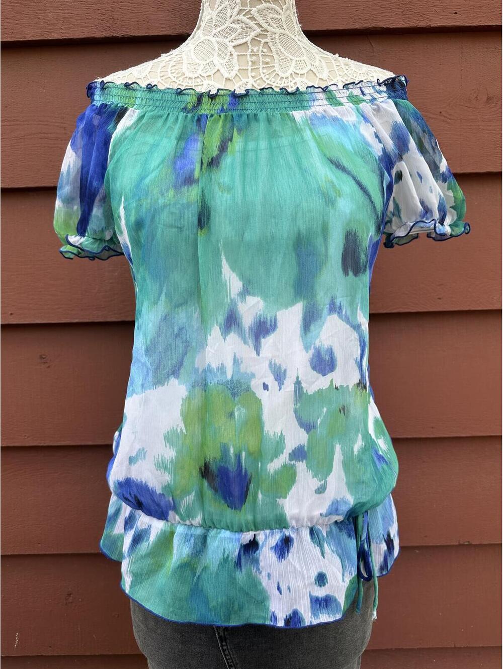 Iz Byer Off Shoulder Floral Blouse in Green Blue Watercolor Print Cottagecore